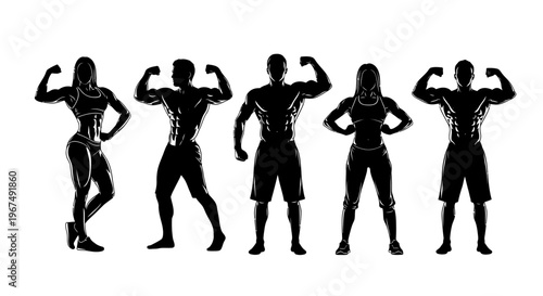 Silhouettes of diverse bodybuilders flexing muscles, showcasing strength and fitness.