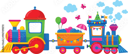 Colorful Party Train with Balloons, Bunting, and Fun Decorations for Kids, Festivals, and Celebration Designs