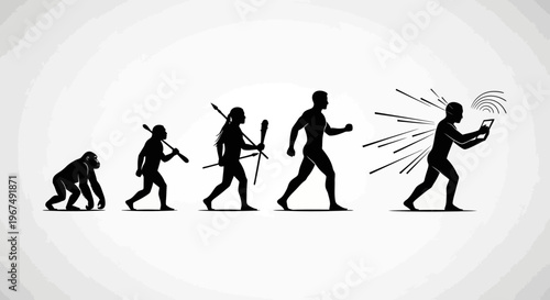 Human evolution from ape to modern man engrossed in smartphone technology.