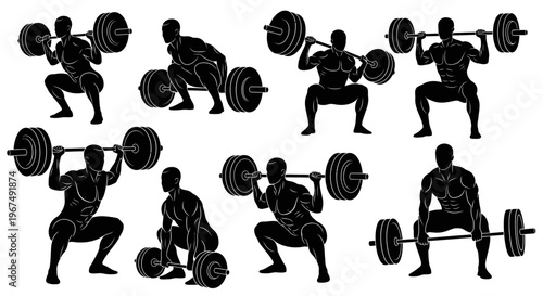 Weightlifting silhouettes showcasing various exercises and strong athletic poses.