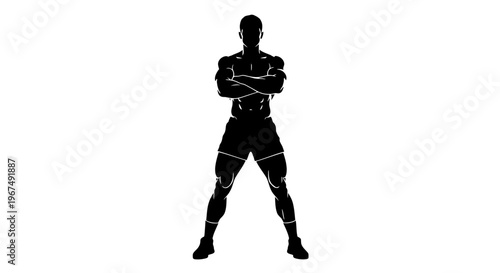 Muscular male silhouette standing with arms crossed on a clean white background.
