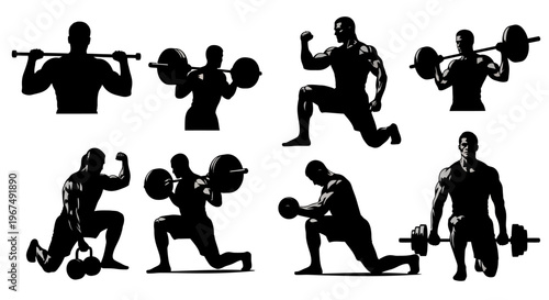 Silhouettes of men engaged in various weightlifting and fitness exercises.