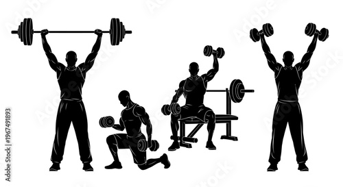 Silhouettes of men engaged in various weightlifting exercises, showcasing strength and fitness routines.