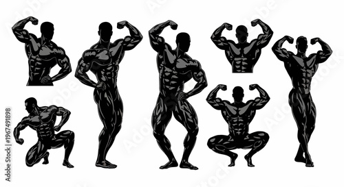 Muscular male bodybuilders posing in various strong athletic stances showcasing their powerful physiques.