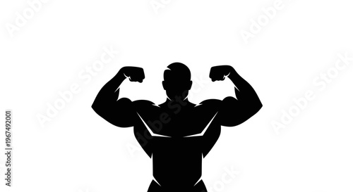 Silhouette of a muscular bodybuilder flexing his biceps against a stark white background, showcasing strength and power.