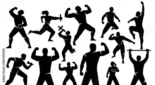 Silhouettes of people engaged in various fitness and exercise activities.