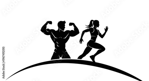 Silhouette of a muscular man and a running woman on a curved line.