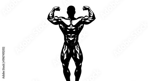 Silhouette of a muscular bodybuilder posing with arms flexed.