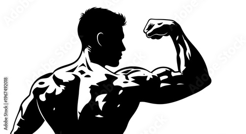 Silhouette of a muscular man flexing his bicep, showcasing strength and fitness.