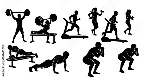 Silhouettes of people engaged in various fitness and gym exercises.