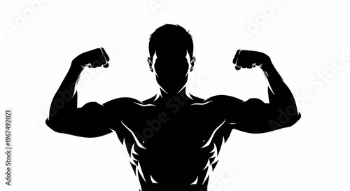 Silhouette of a muscular man flexing his biceps, showcasing strength and fitness on a white background.