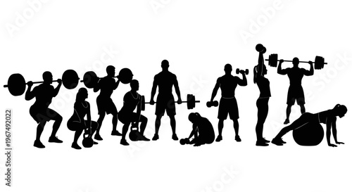Silhouettes of people engaged in various weightlifting and fitness exercises.