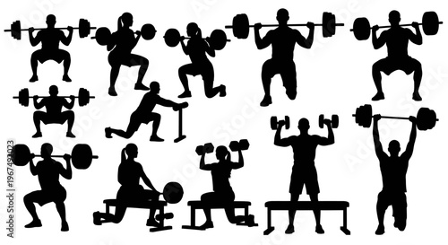 Silhouettes of people engaged in various weightlifting and strength training exercises.