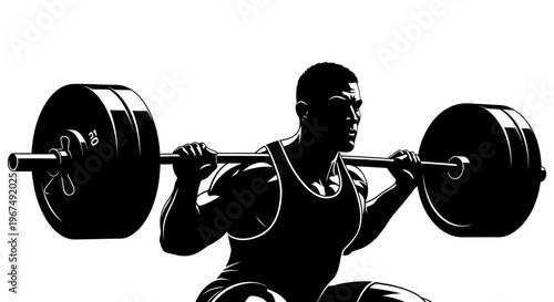 Silhouette of a muscular man performing a barbell squat exercise.