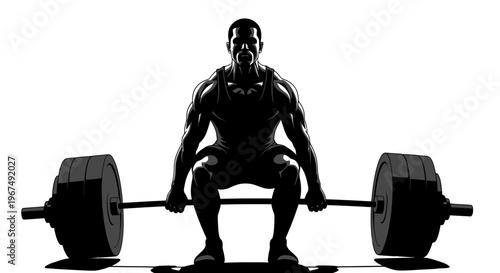 Silhouette of a muscular man preparing to lift a heavy barbell, showcasing strength and determination.