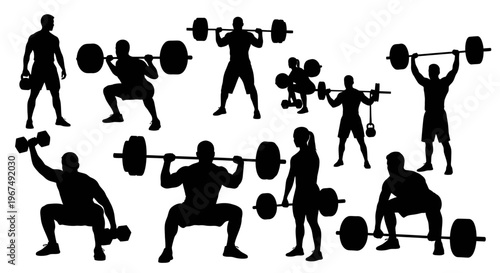 Silhouettes of people engaged in various weightlifting exercises.