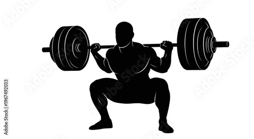 Silhouette of a strong man performing a barbell squat exercise.