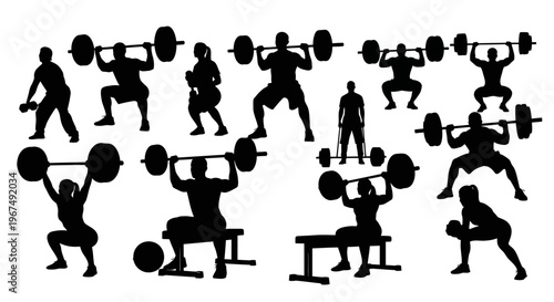 Silhouettes of people engaged in various weightlifting exercises.