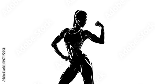 Silhouette of a strong female bodybuilder flexing her biceps, showcasing her muscular physique and dedication to fitness.