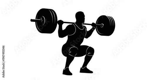 Silhouette of a strong man performing a barbell squat exercise.