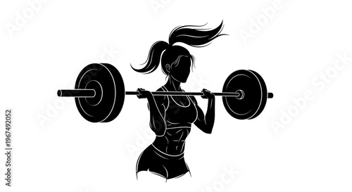 Silhouette of a strong woman lifting weights in a gym.