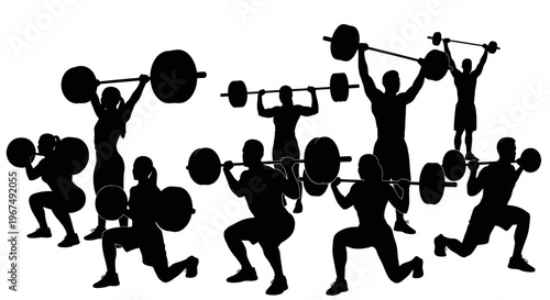Silhouettes of people engaged in various weightlifting exercises.