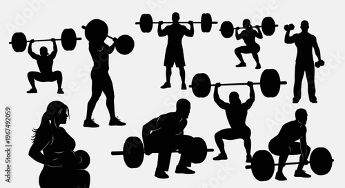 Silhouettes of people engaged in various weightlifting exercises, showcasing strength and fitness.
