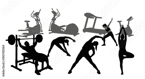 Silhouettes of people exercising and various gym equipment.
