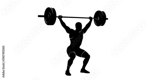 Silhouette of a weightlifter performing an overhead squat with a barbell.