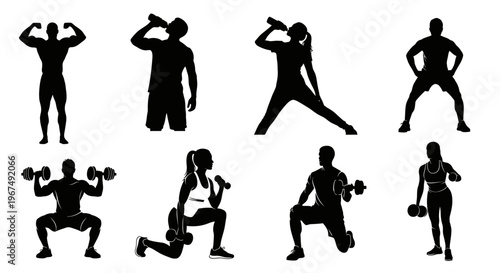 Silhouettes of people exercising and drinking water, representing a healthy and active lifestyle.