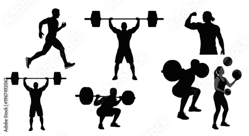 Silhouettes of athletes engaged in various fitness activities, including running, weightlifting, and exercising with balls, showcasing strength and active lifes
