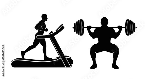 Silhouettes of a man running on a treadmill and a man performing a barbell squat, representing fitness and strength training.