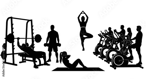 Silhouettes of people exercising in a gym, including weightlifting, yoga, and spinning, on a white background.