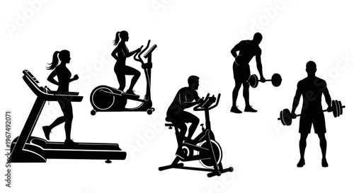Silhouettes of people exercising with various gym equipment.