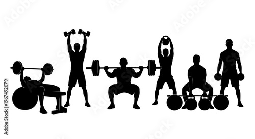 Silhouettes of people performing various weightlifting and strength training exercises.