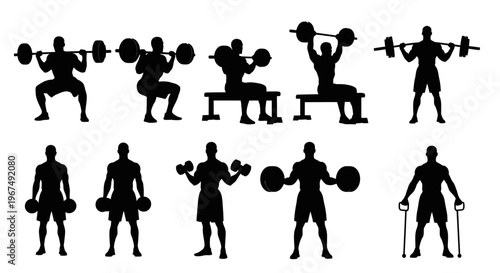 Silhouettes of people performing various weightlifting and strength training exercises.