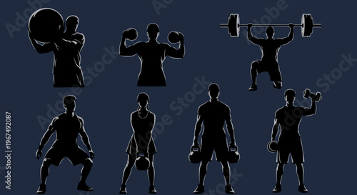Silhouettes of athletes engaged in various fitness activities.