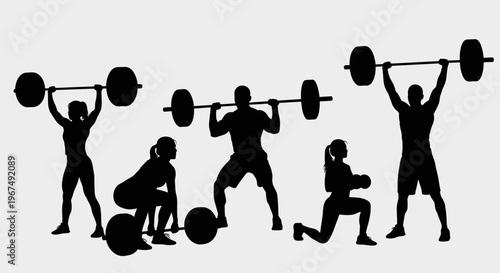 Silhouettes of athletes performing various strength training and weightlifting exercises.