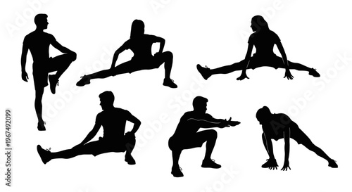 Silhouettes of people stretching and exercising.
