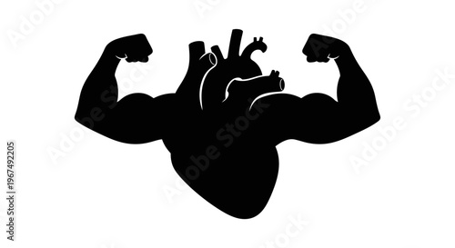Strong Heart with Biceps Silhouette Illustrates Cardiovascular Health and Strength.