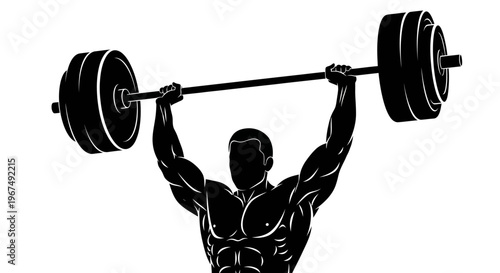 Strong man lifting heavy barbell overhead in a powerful display of strength and fitness.