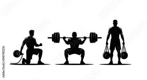 Strong men silhouettes performing various weightlifting exercises.