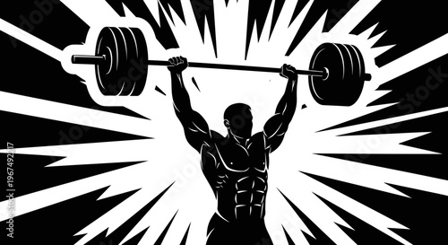 Strong man lifting heavy barbell in a gym.