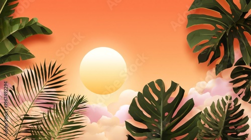 Sunset Over Clouds With Tropical Leaves in a Colorful Sky