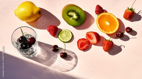 Fresh Fruits Arranged on a Light Surface With a Glass of Cherries in Sunlight