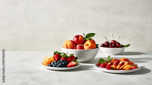 Fresh Fruits Arranged on a Light Surface With a Glass of Cherries in Sunlight
