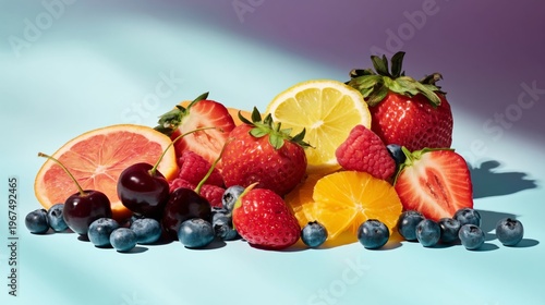 Fresh Fruits Arranged on a Light Surface With a Glass of Cherries in Sunlight