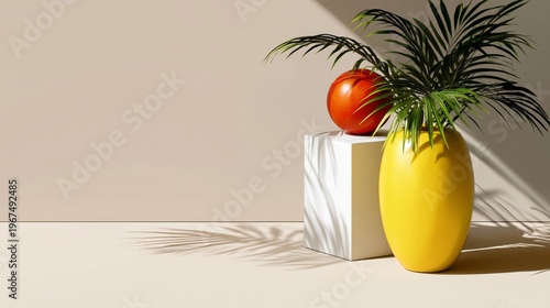 Palm Tree Stands Against a Wall Casting a Shadow in the Afternoon Light
