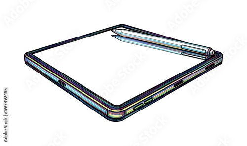 Modern foldable tablet with stylus pen, digital art illustration