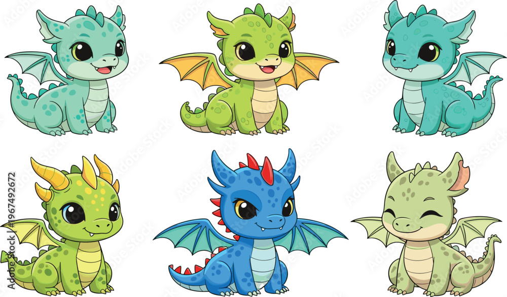 Obraz premium Cute Baby Dragon Character Set with Colorful Wings and Playful Expressions for Fantasy, Kids, and Animation Illustrations